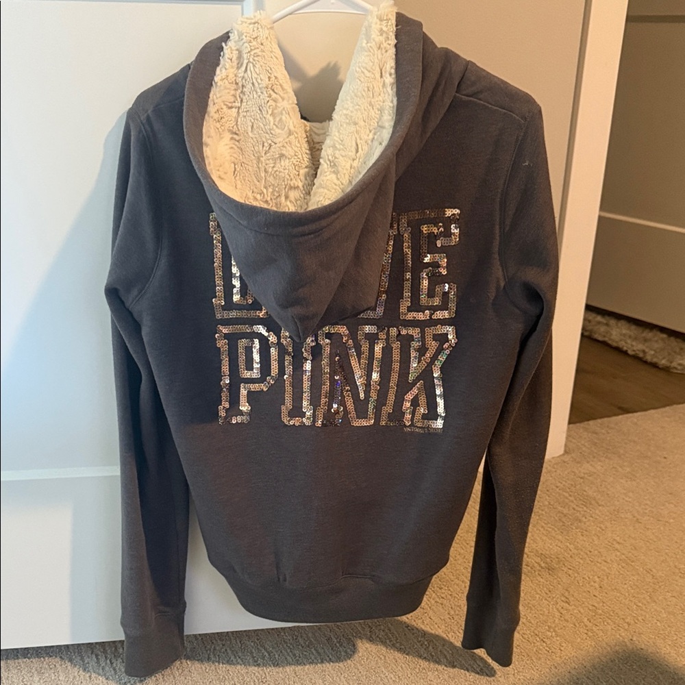 LOVE PINK Victoria's Secret Plush Grey Hoodie with Sequin Detail